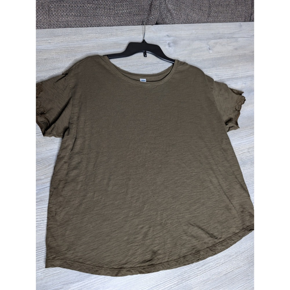 Old Navy Women's V-Neck Lace Trim Blouse, Size L, Green Floral, Short Sleeve